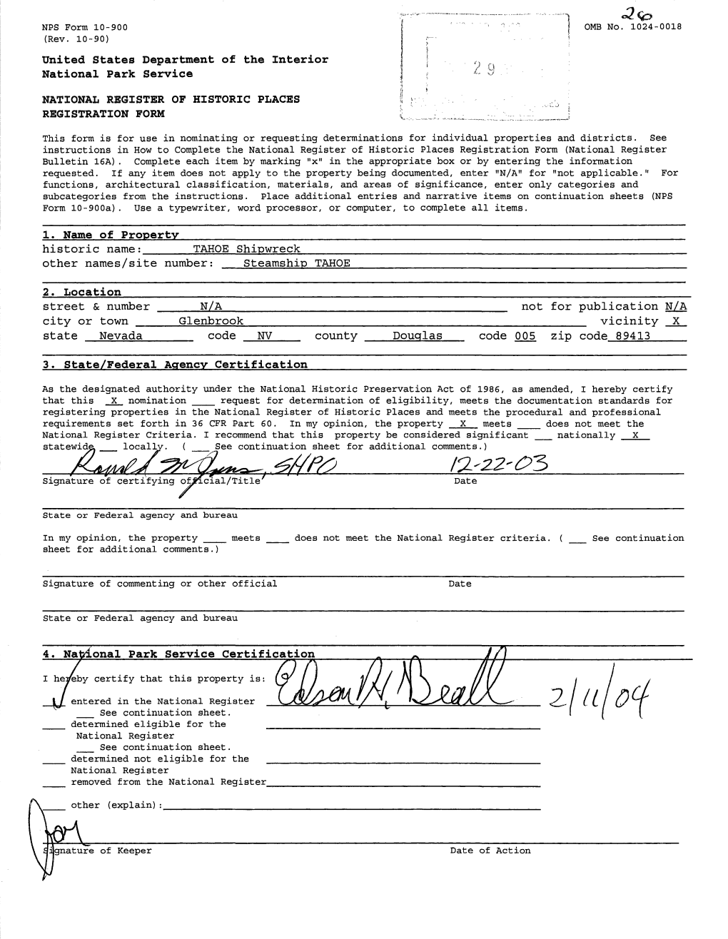 Historic Name:______TAHOE Shipwreck Other Names/Site Number: Steamship TAHOE