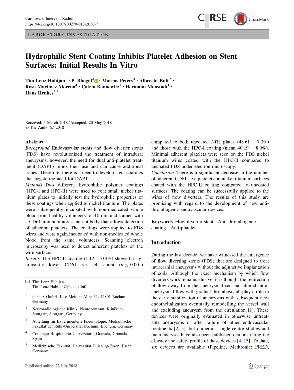 Hydrophilic Stent Coating Inhibits Platelet Adhesion on Stent Surfaces: Initial Results in Vitro