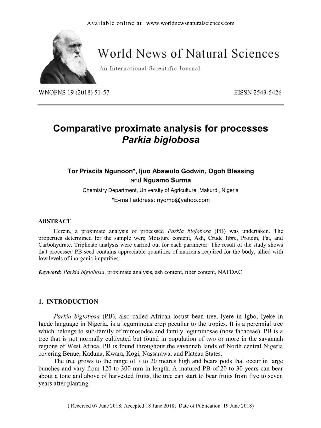 Comparative Proximate Analysis for Processes Parkia Biglobosa