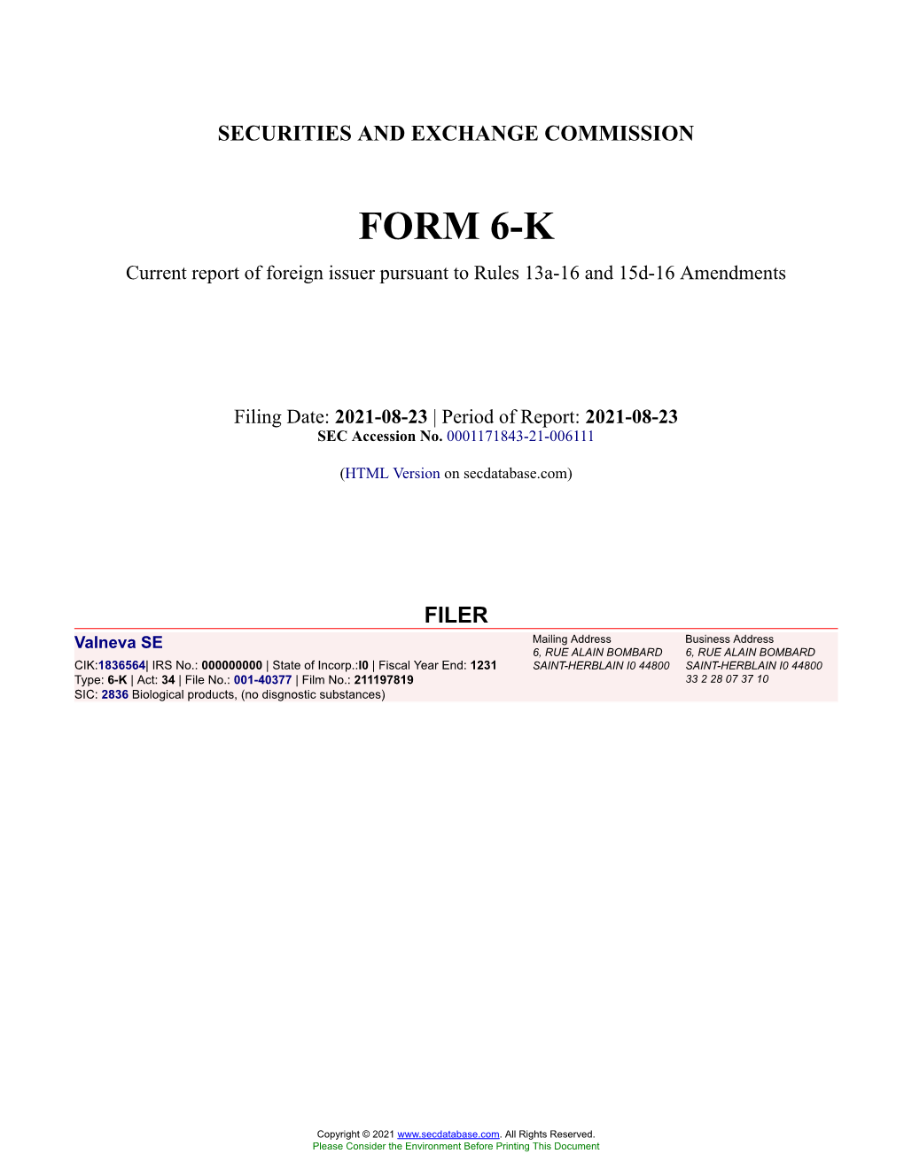 Valneva SE Form 6-K Current Event Report Filed 2021-08-23