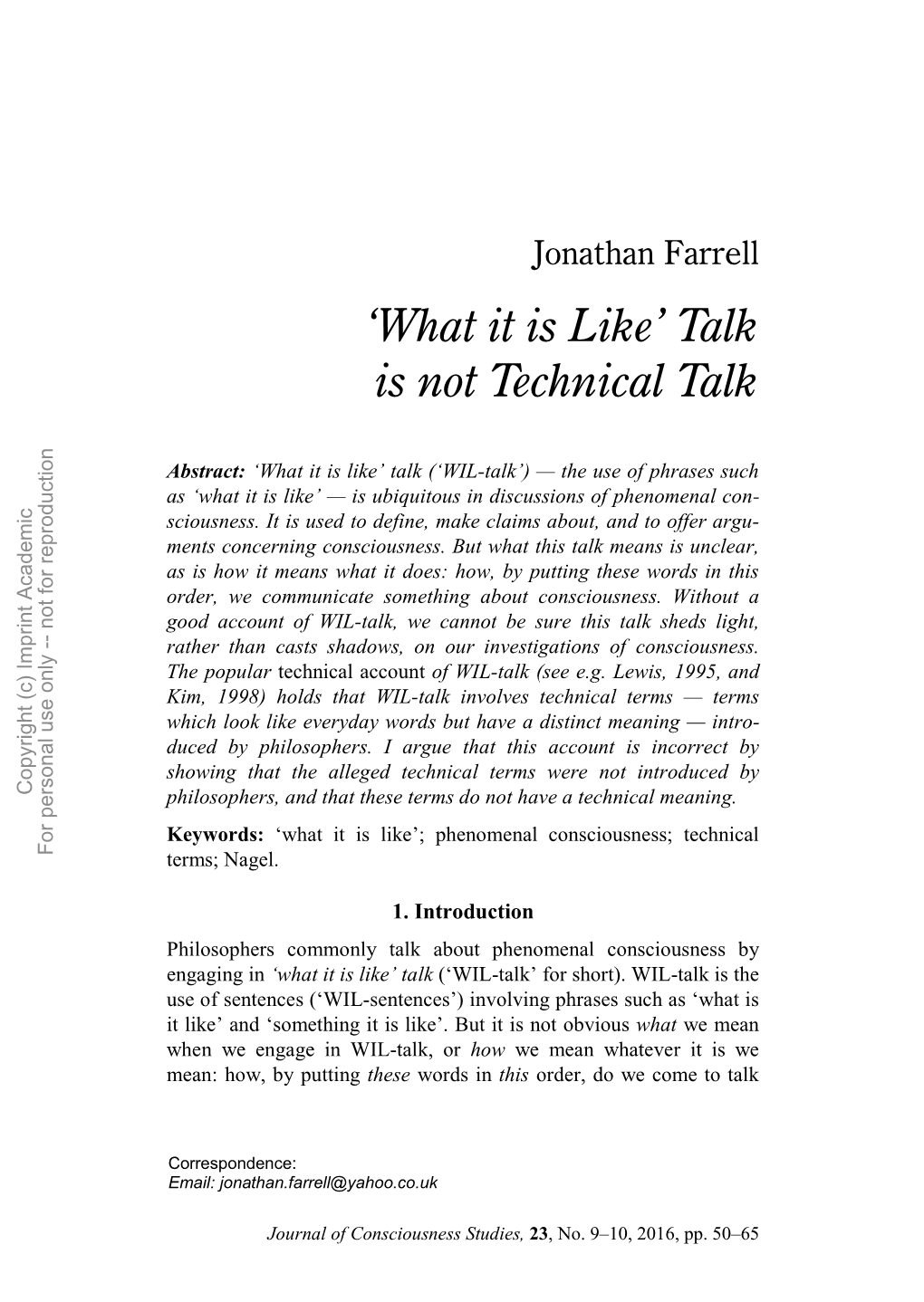 What It Is Like’ Talk Is Not Technical Talk