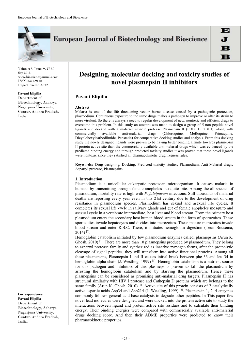 Designing, Molecular Docking and Toxicity Studies of Novel Plasmepsin