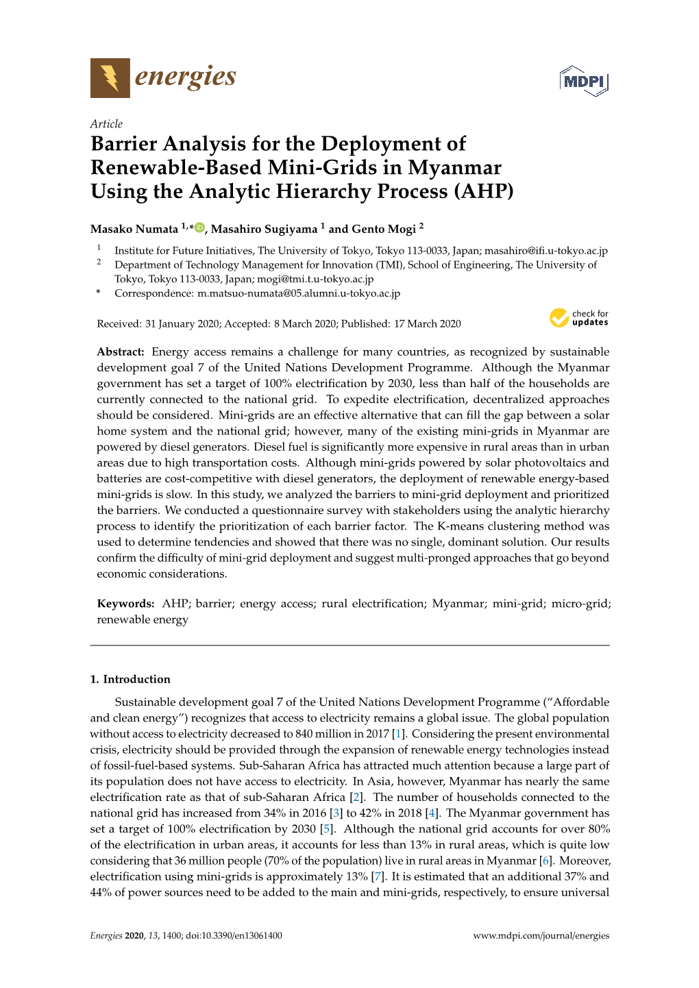 Barrier Analysis for the Deployment of Renewable-Based Mini-Grids in Myanmar Using the Analytic Hierarchy Process (AHP)