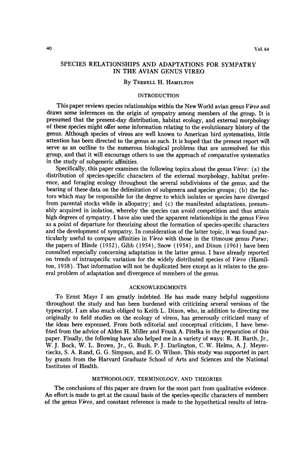 Species Relationships and Adaptations for Sympatry in the Avian Genus Vireo