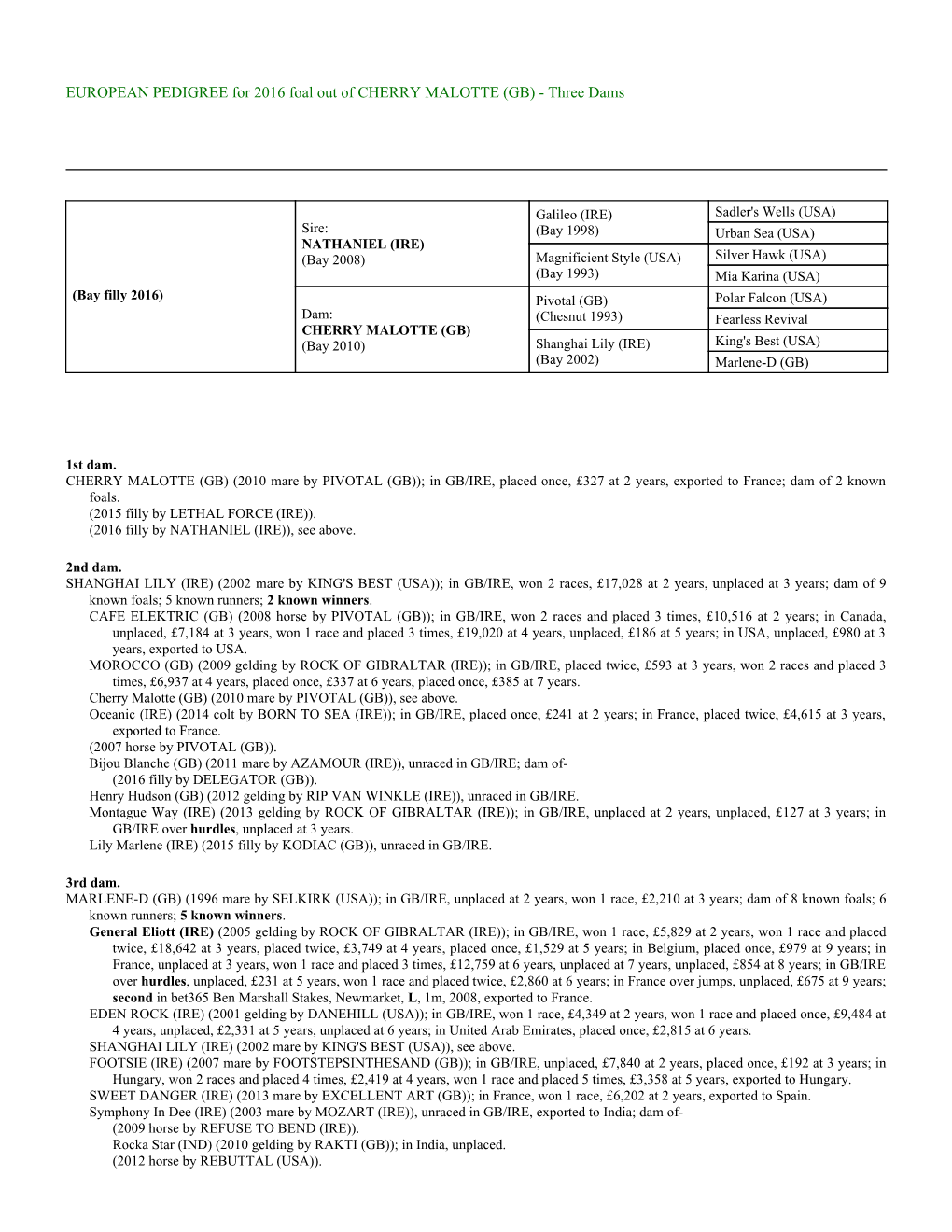 EUROPEAN PEDIGREE for 2016 Foal out of CHERRY MALOTTE (GB) - Three Dams