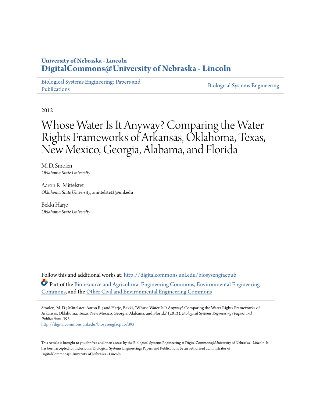 Comparing the Water Rights Frameworks of Arkansas, Oklahoma, Texas, New Mexico, Georgia, Alabama, and Florida M