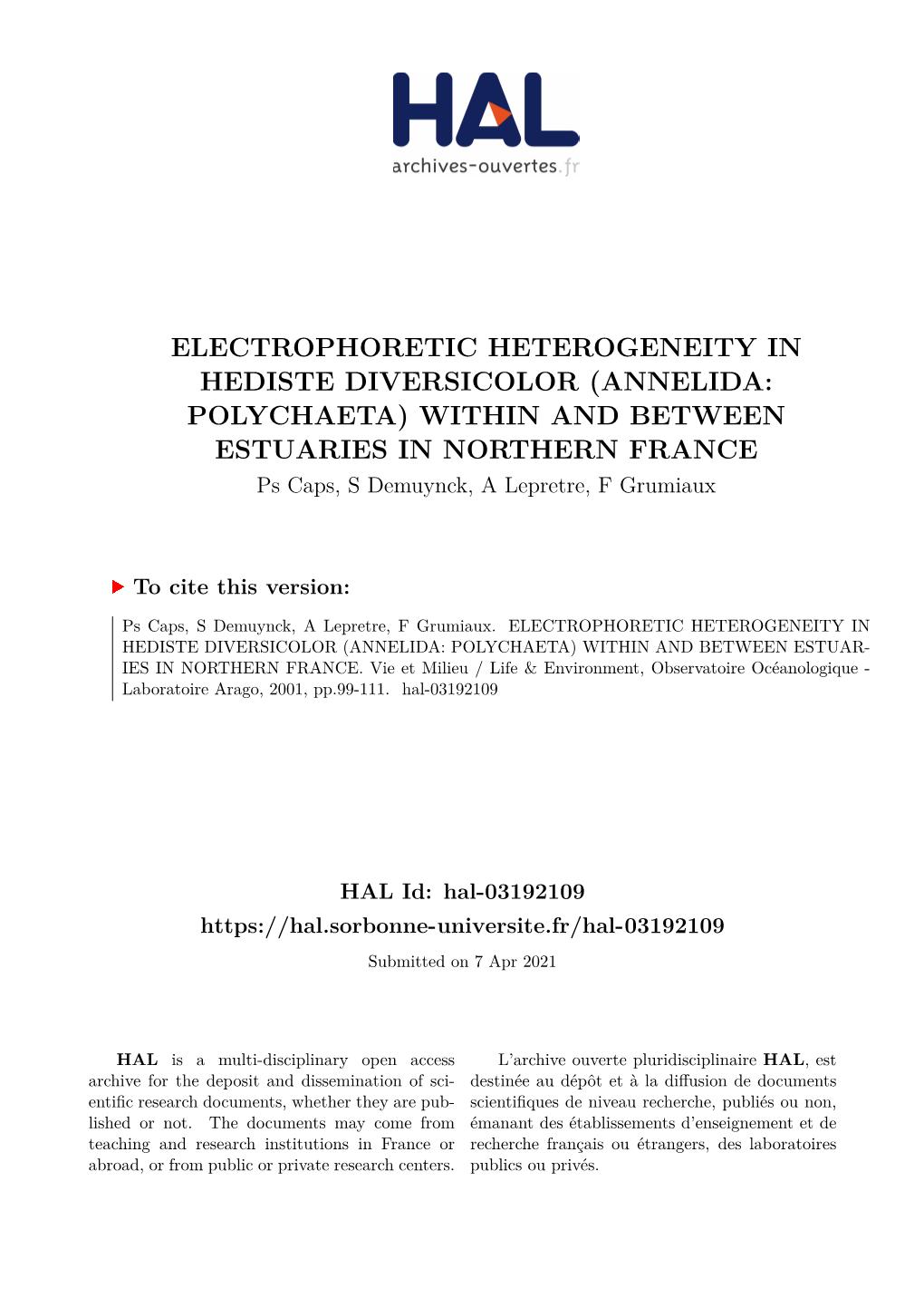 Electrophoretic Heterogeneity in Hediste