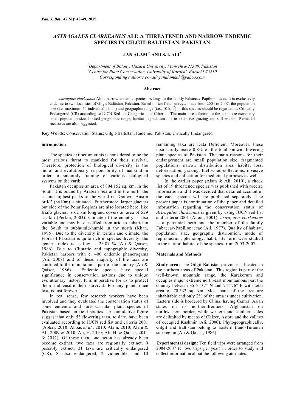 Astragalus Clarkeanus Ali: a Threatened and Narrow Endemic Species in Gilgit-Baltistan, Pakistan