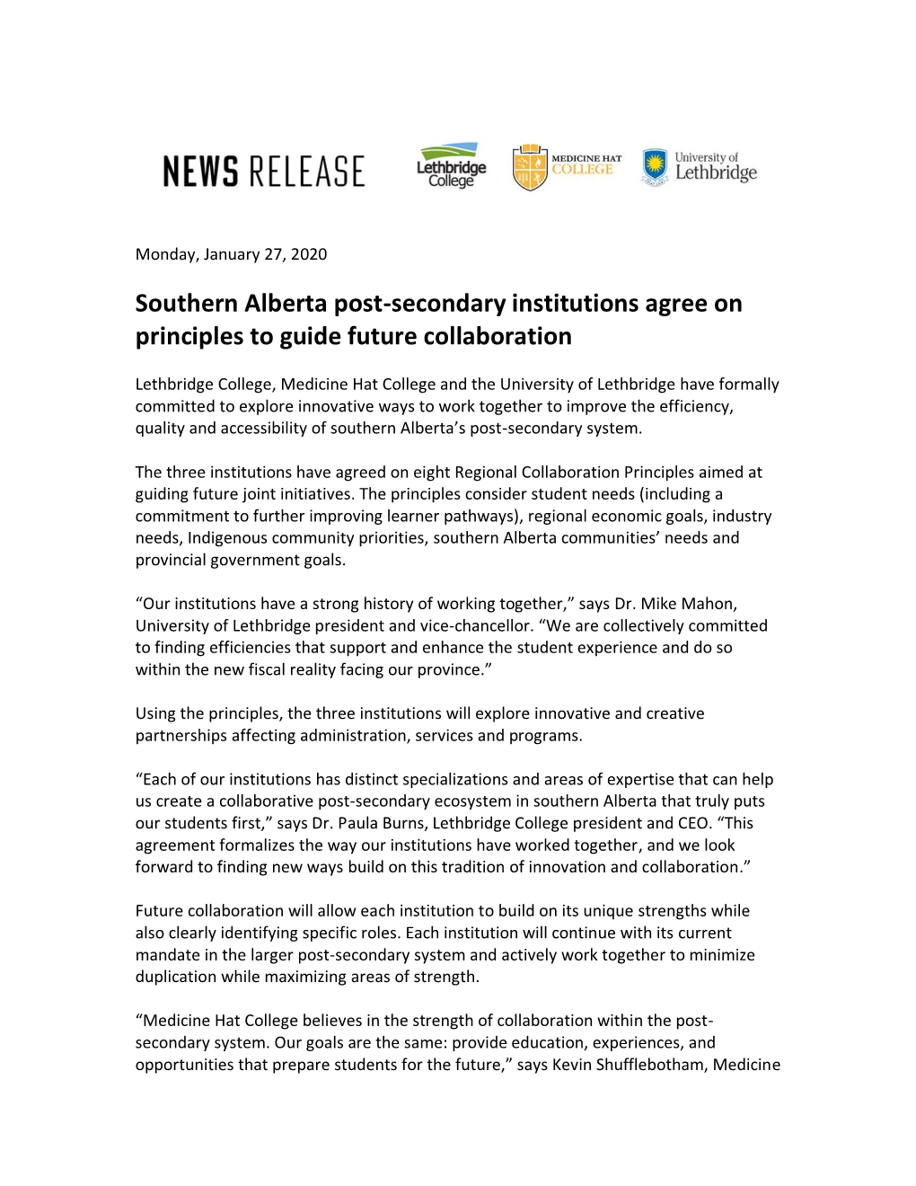 Southern Alberta Post-Secondary Institutions Agree on Principles to Guide Future Collaboration