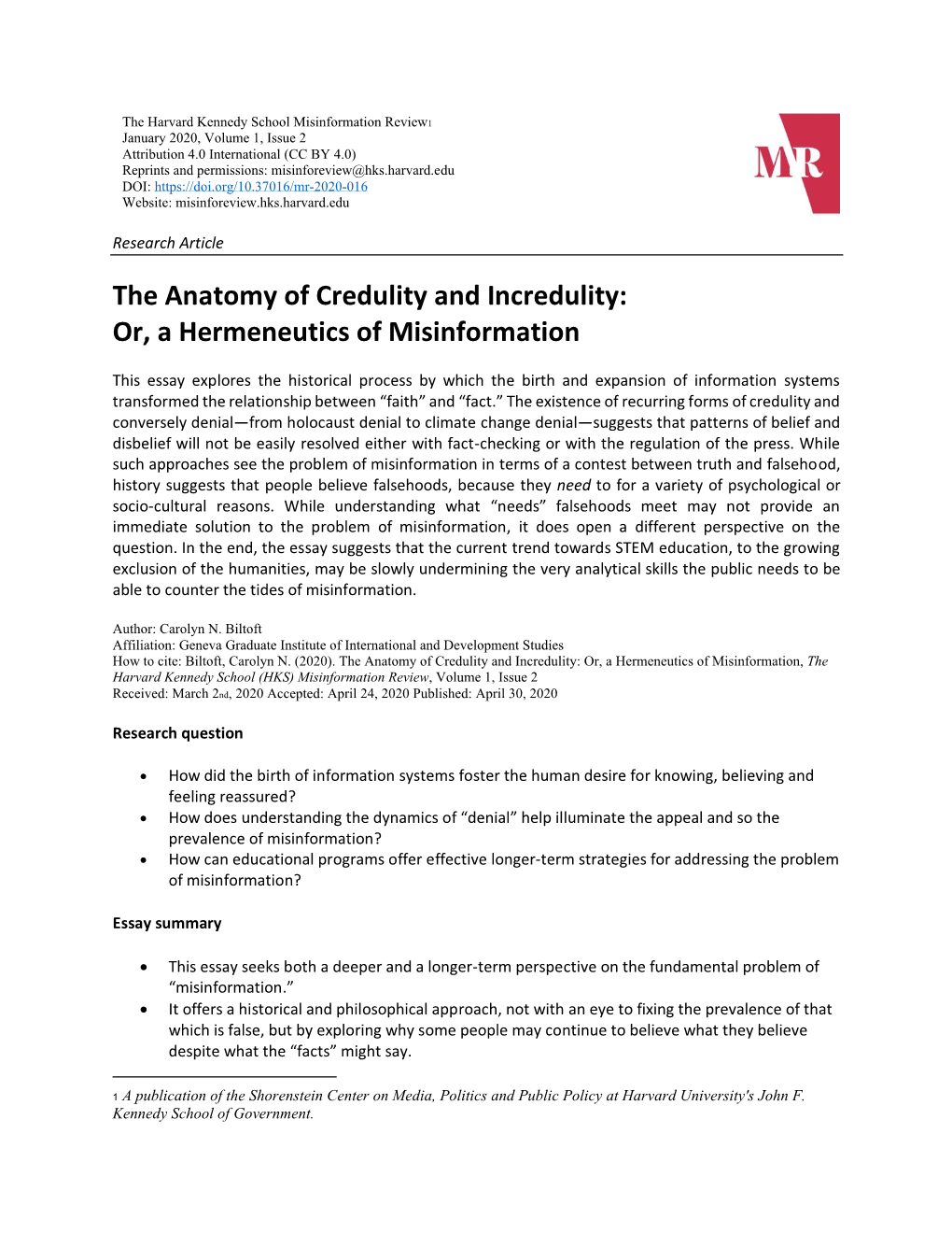 The Anatomy of Credulity and Incredulity: Or, a Hermeneutics of Misinformation