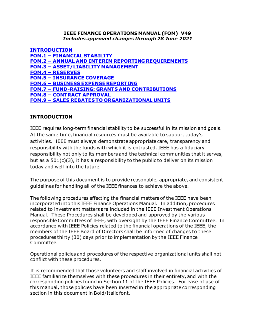 FINANCE OPERATIONS MANUAL (FOM) V49 Includes Approved Changes Through 28 June 2021