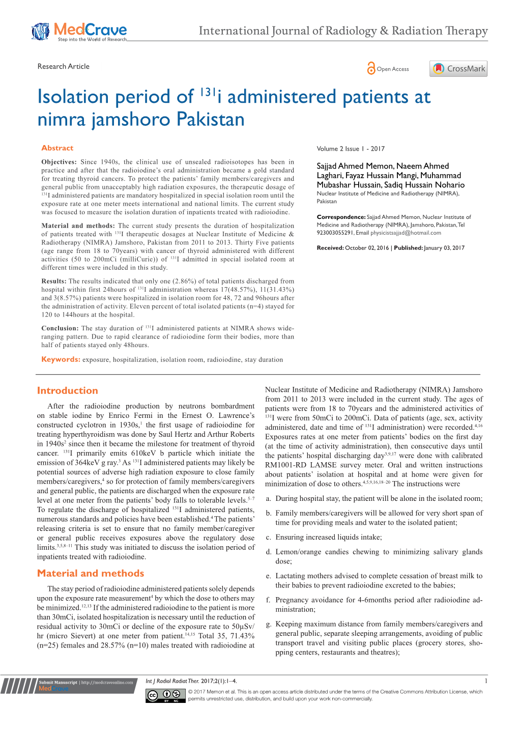 Isolation Period of 131I Administered Patients at Nimra Jamshoro Pakistan