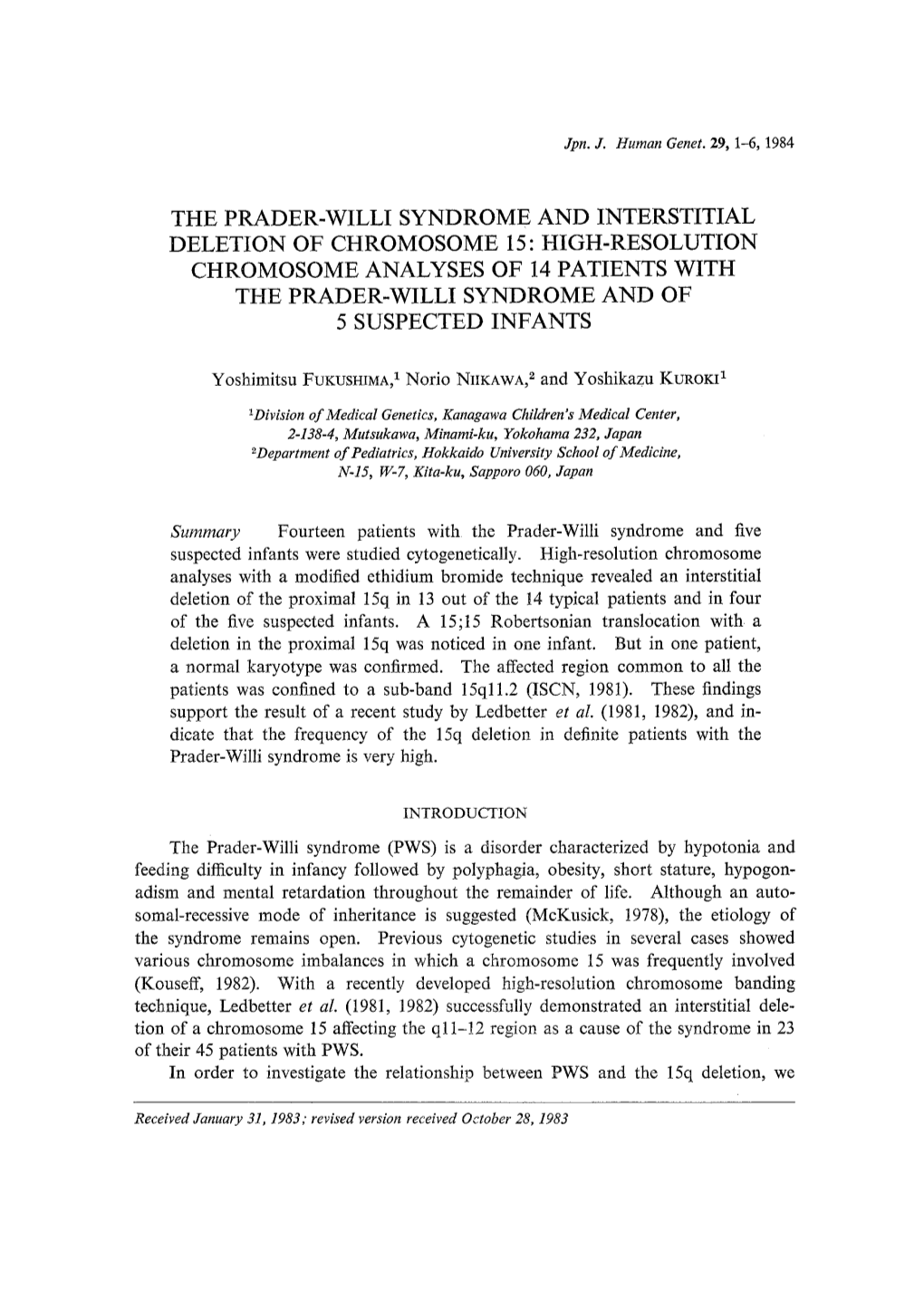 The Prader-Willi Syndrome and Interstitial Deletion of Chromosome 15