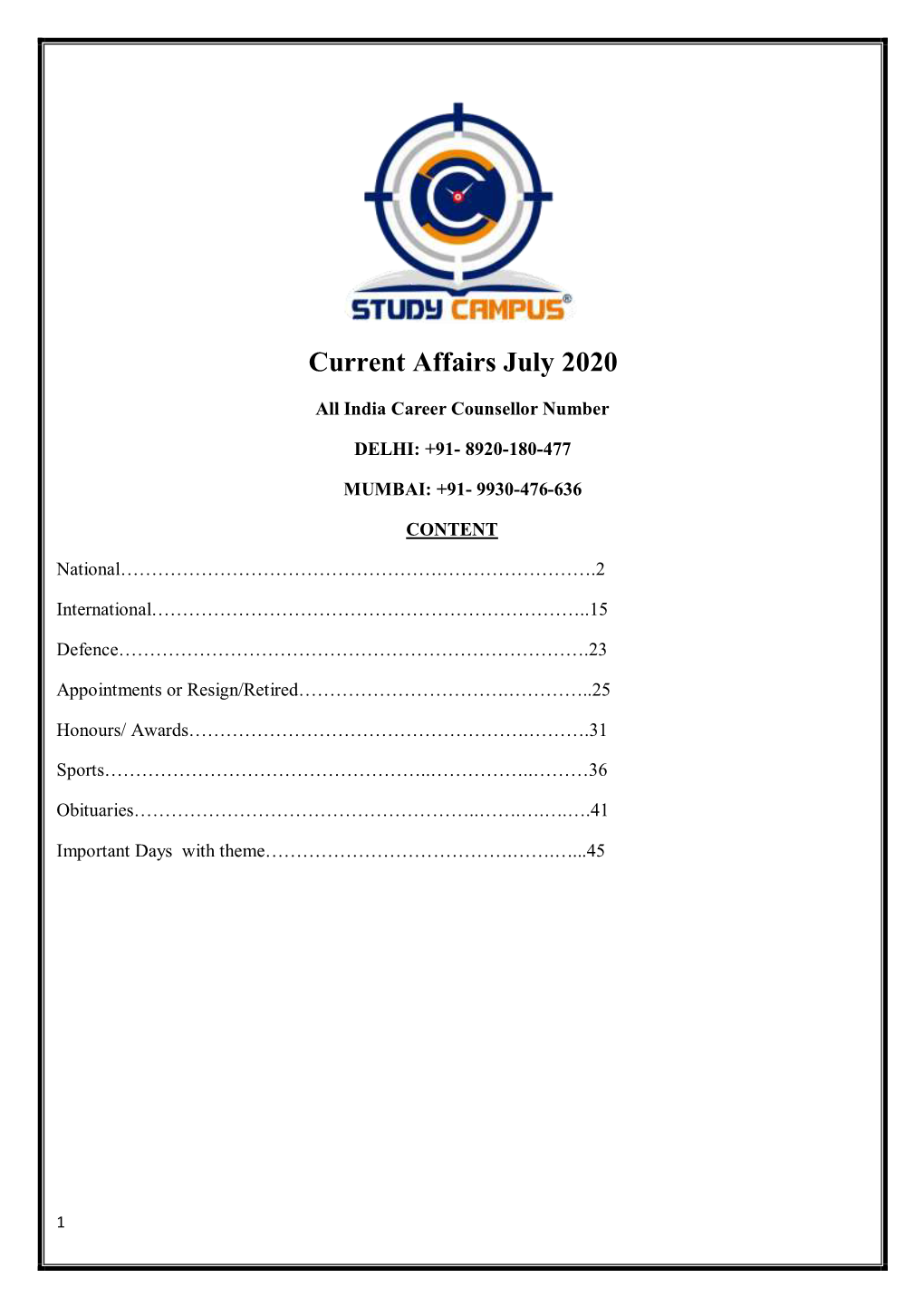 Current Affairs July 2020