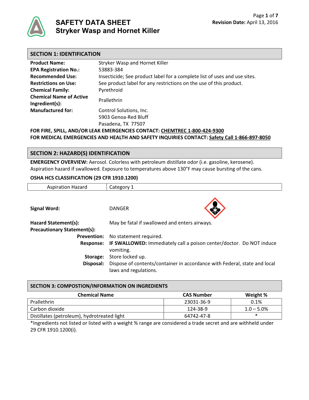 SAFETY DATA SHEET Stryker Wasp and Hornet Killer