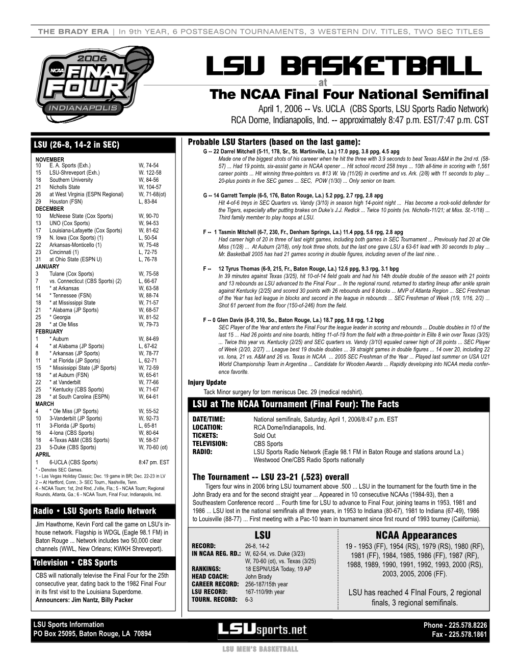 LSU BASKETBALL at the NCAA Final Four National Semifinal April 1, 2006 -- Vs