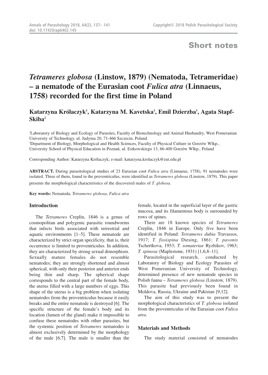 Tetrameres Globosa (Linstow, 1879) (Nematoda, Tetrameridae) – a Nematode of the Eurasian Coot Fulica Atra (Linnaeus, 1758) Recorded for the First Time in Poland