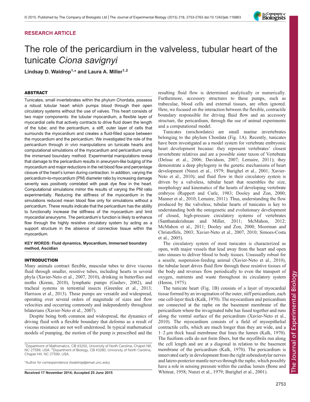 The Role of the Pericardium in the Valveless, Tubular Heart of the Tunicate Ciona Savignyi Lindsay D