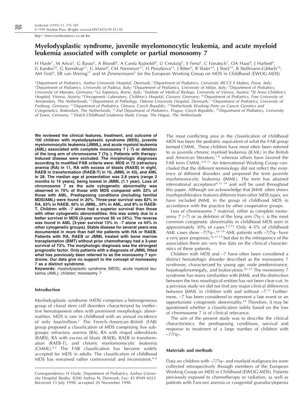 Myelodysplastic Syndrome, Juvenile Myelomonocytic Leukemia, and Acute Myeloid Leukemia Associated with Complete Or Partial Monos