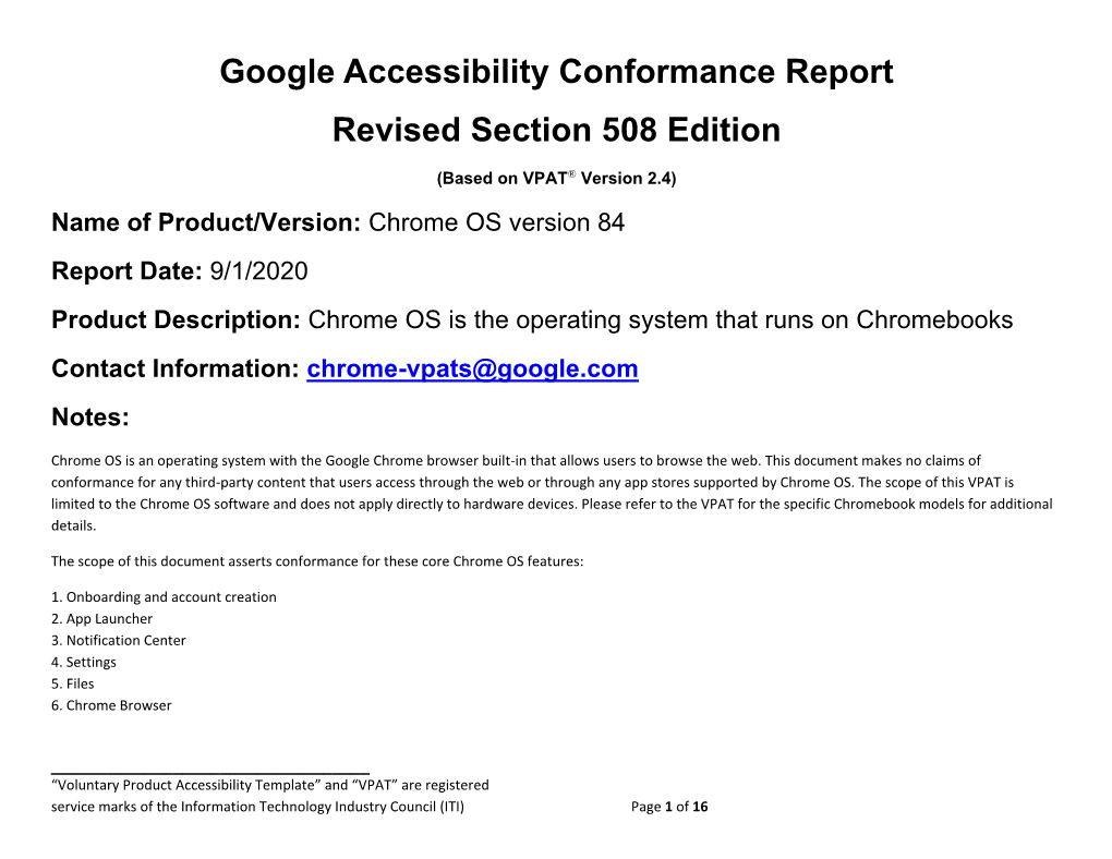Google Accessibility Conformance Report: Chrome OS Version 84