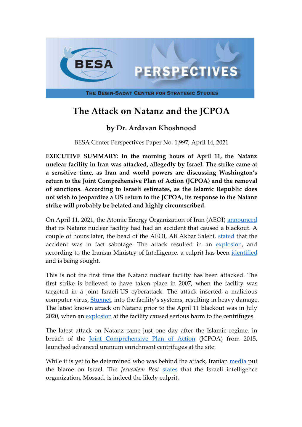 The Attack on Natanz and the JCPOA