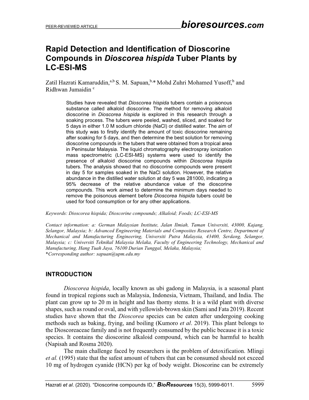 Rapid Detection and Identification of Dioscorine Compounds in Dioscorea Hispida Tuber Plants by LC-ESI-MS