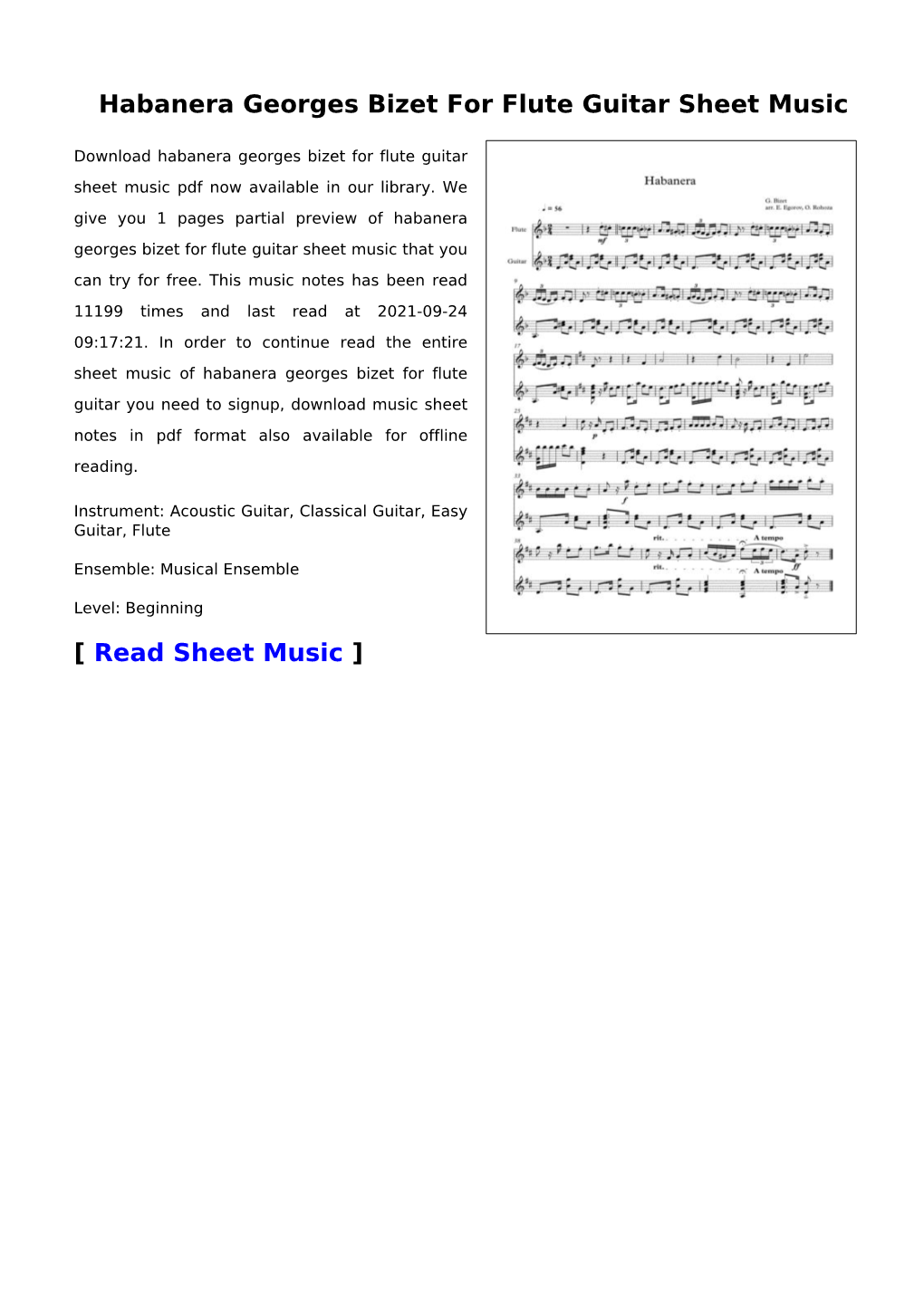 Habanera Georges Bizet for Flute Guitar Sheet Music