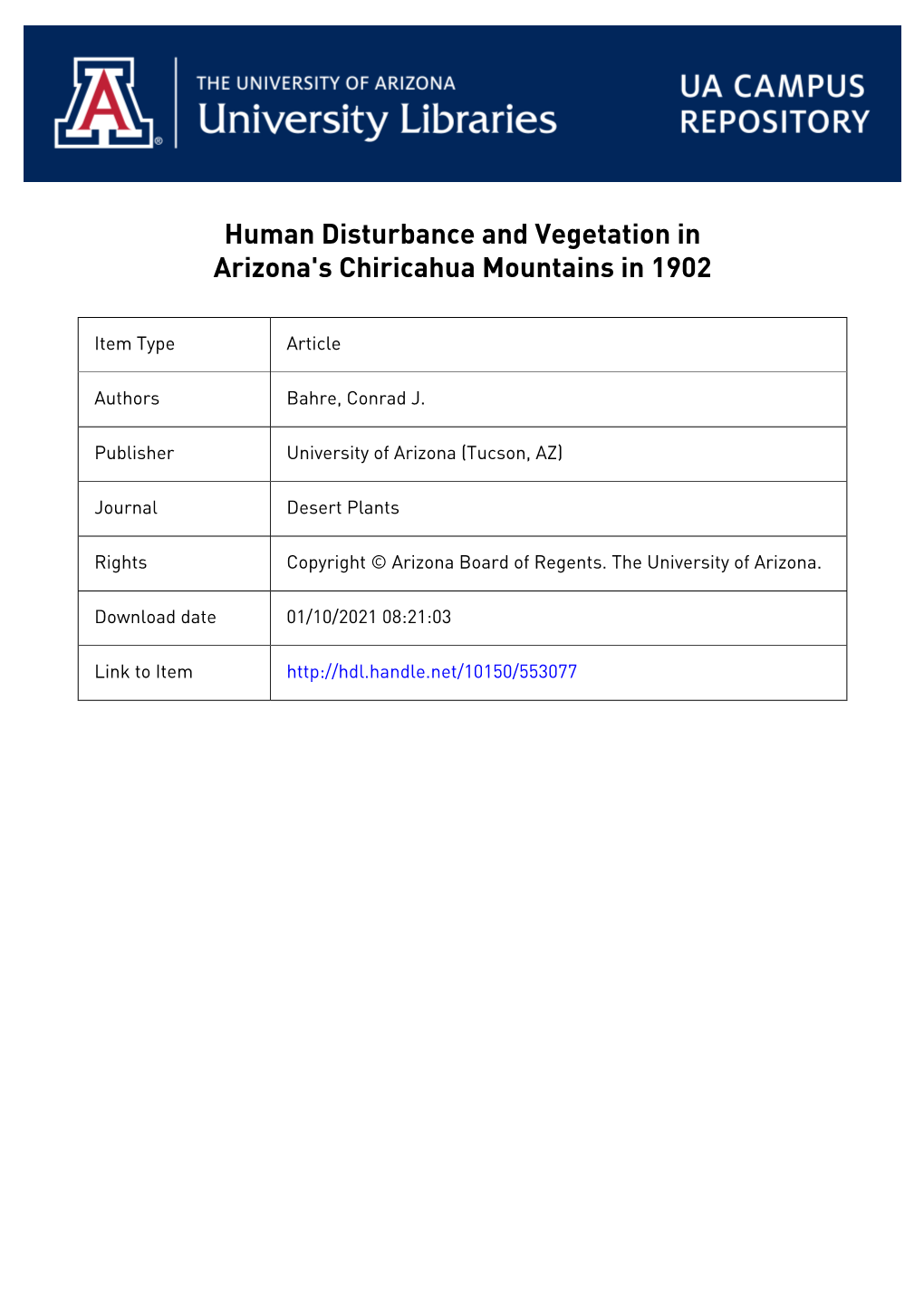 Human Disturbance and Vegetation in Arizona's Chiricahua Mountains in 1902