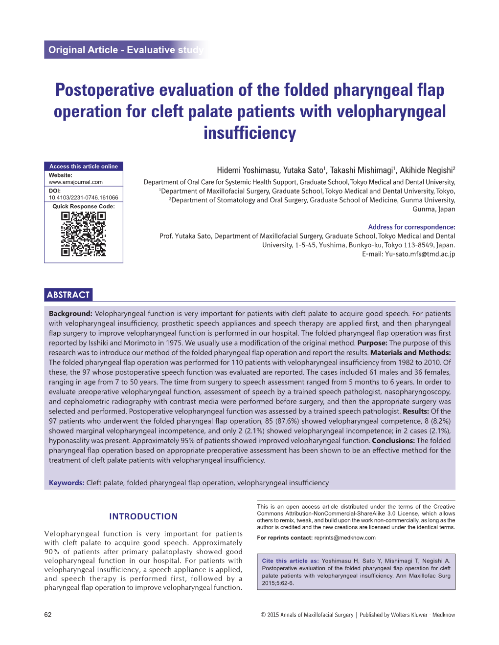 Postoperative Evaluation of the Folded Pharyngeal Flap Operation for Cleft Palate Patients with Velopharyngeal Insufficiency