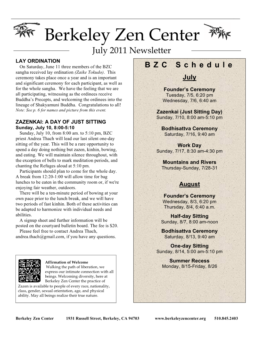 BZC Schedule July