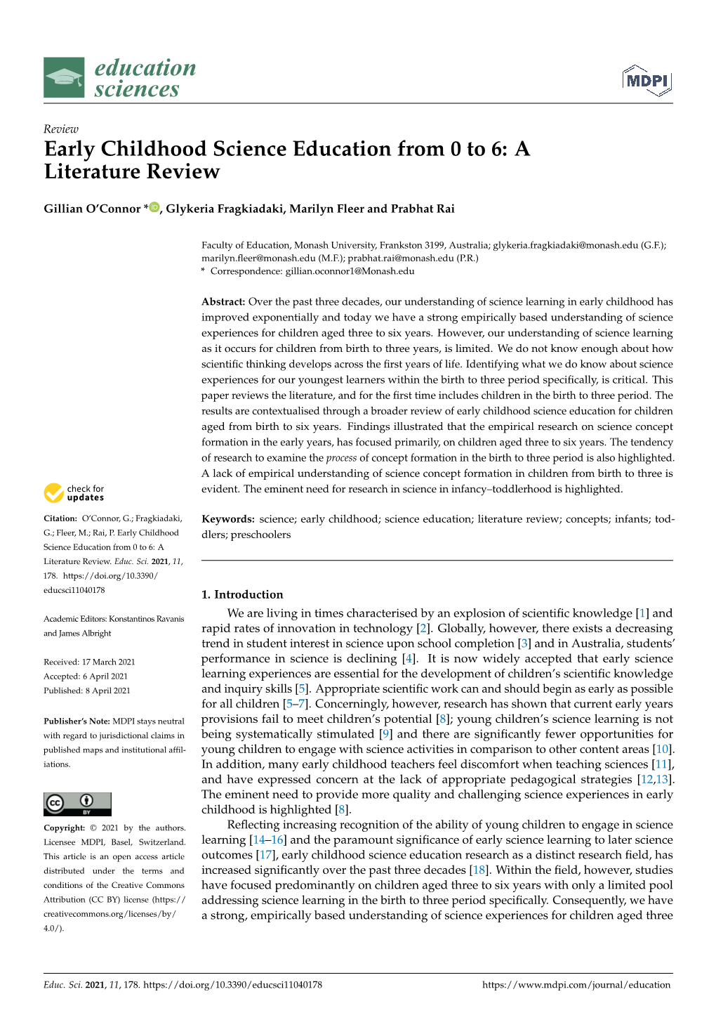 Early Childhood Science Education from 0 to 6: a Literature Review