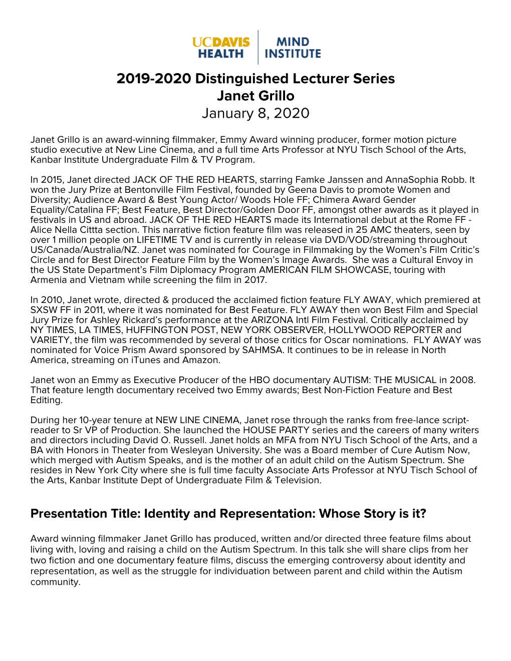 2019-2020 Distinguished Lecturer Series Janet Grillo January 8, 2020