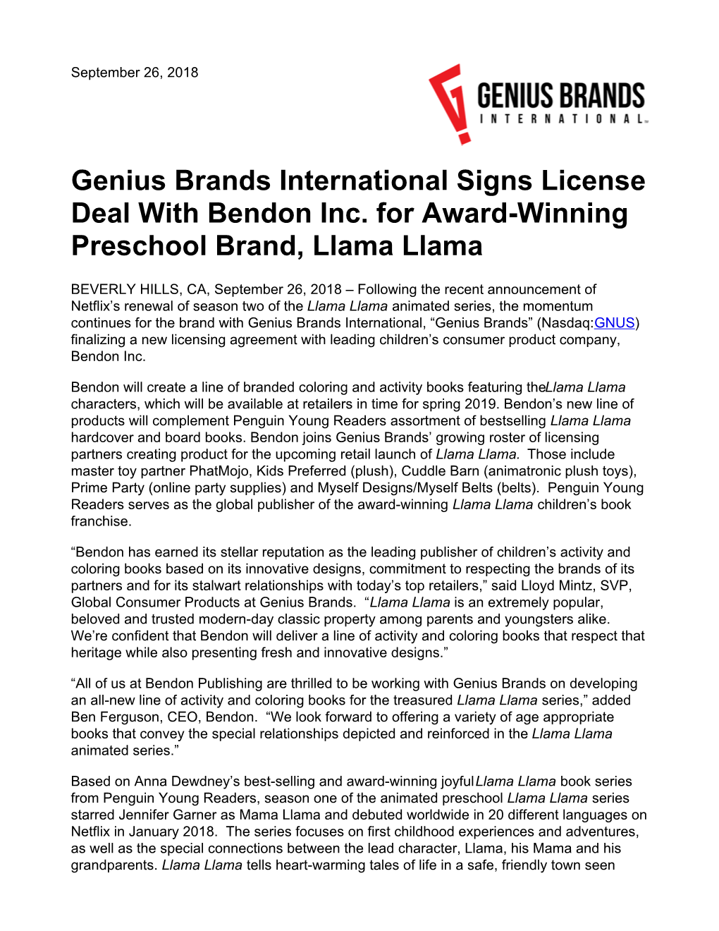 Genius Brands International Signs License Deal with Bendon Inc. for Award-Winning Preschool Brand, Llama Llama