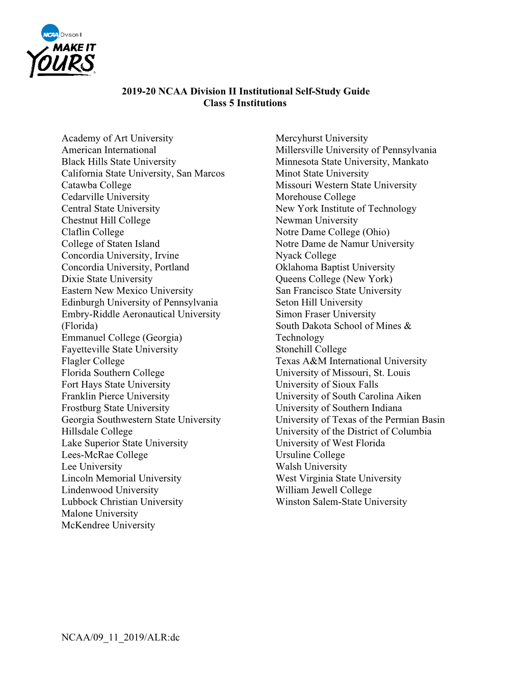 2019-20 NCAA Division II Institutional Self-Study Guide Class 5 Institutions