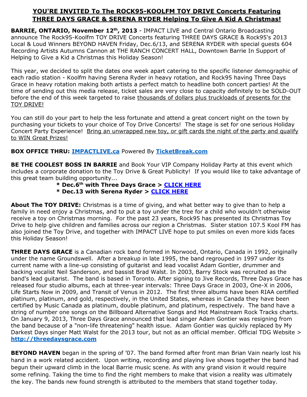 YOU're INVITED to the ROCK95-KOOLFM TOY DRIVE Concerts Featuring THREE DAYS GRACE & SERENA RYDER Helping to Give a Kid a Christmas!