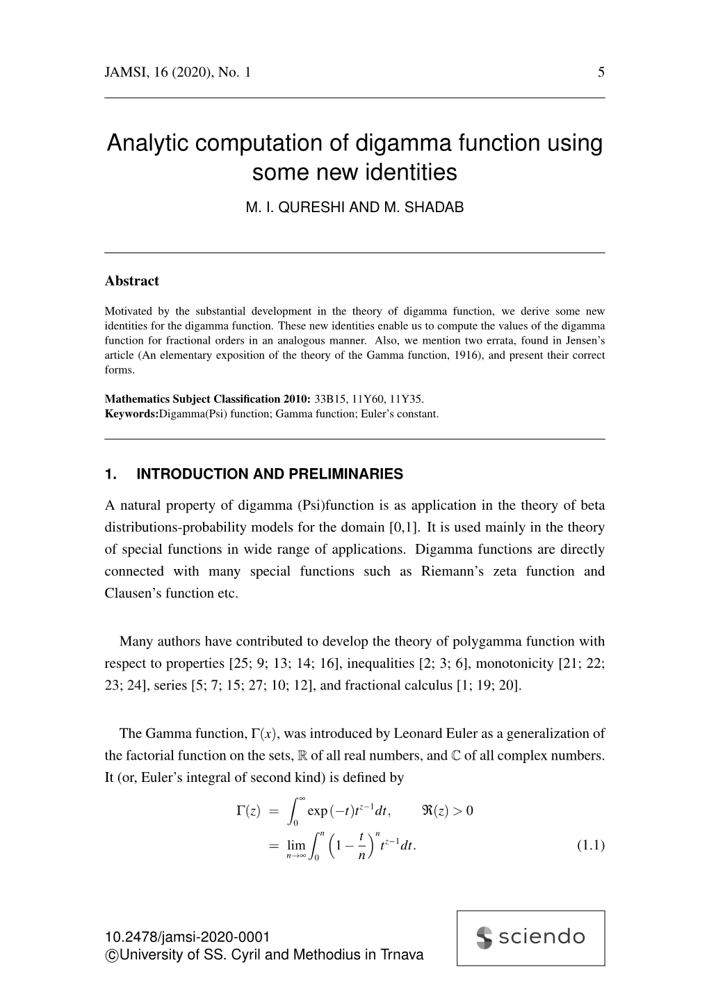 Analytic Computation of Digamma Function Using Some New Identities