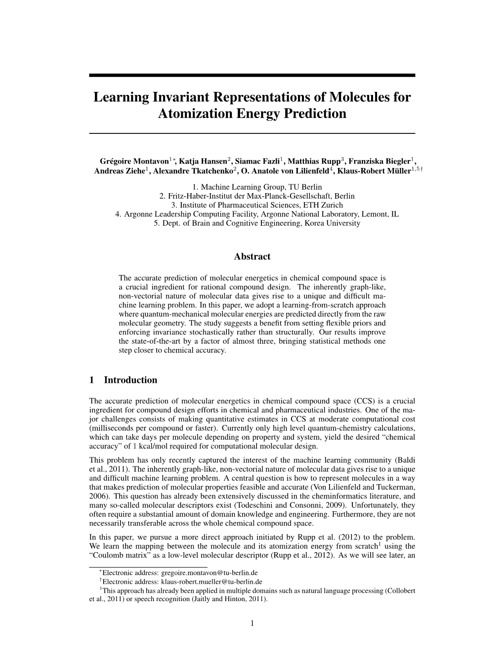 Learning Invariant Representations of Molecules for Atomization Energy Prediction