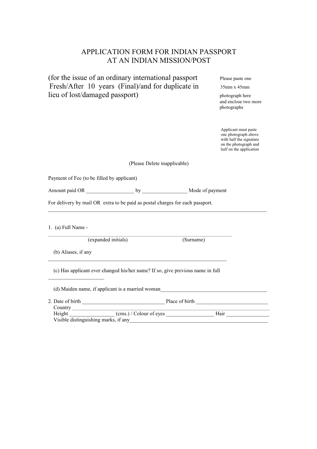 Application Form For Indian Passport