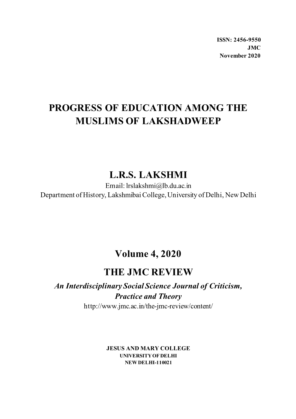 Progress of Education Among the Muslims of Lakshadweep