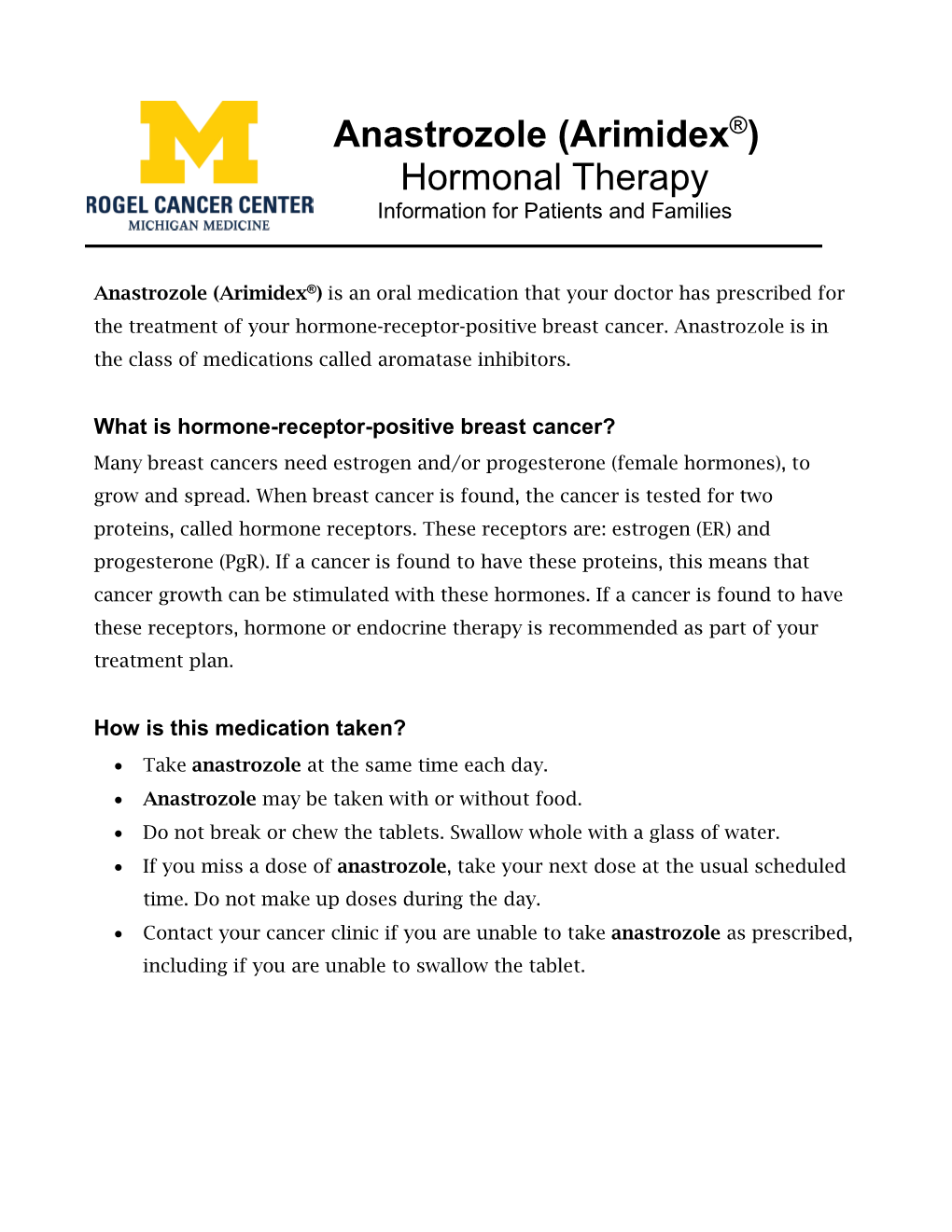 Anastrozole (Arimidex®) Hormonal Therapy Information for Patients and Families