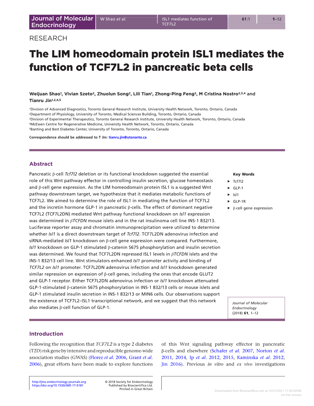 The LIM Homeodomain Protein ISL1 Mediates the Function of TCF7L2 in Pancreatic Beta Cells