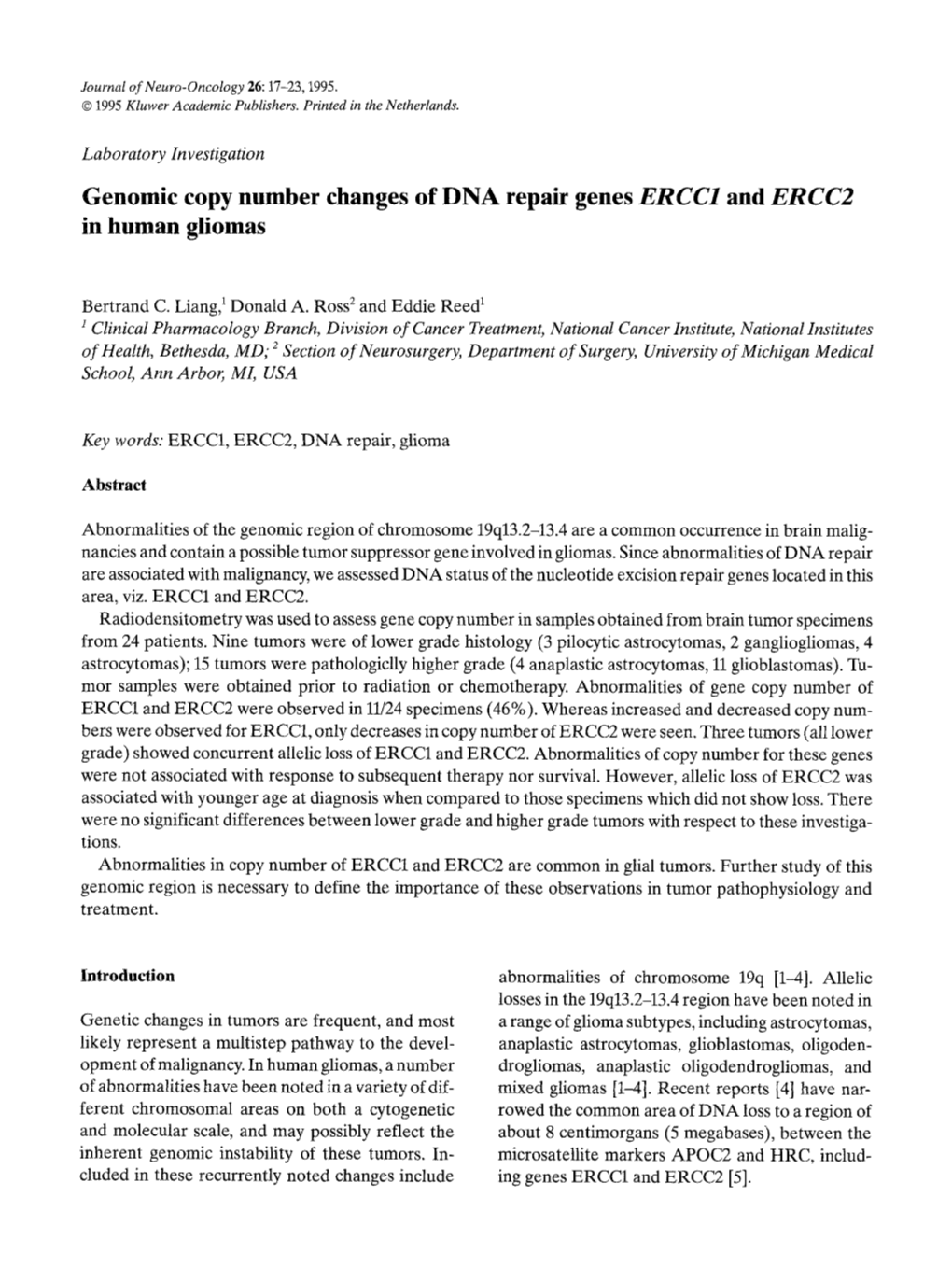 Genomic Copy Number Changes of DNA Repair Genes ERCC1 and ERCC2 in Human Gliomas