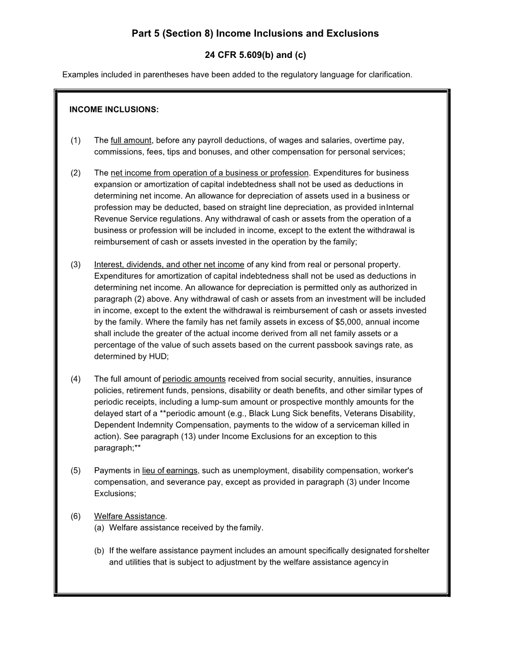 Part 5 (Section 8) Income and Asset Inclusions and Exclusions