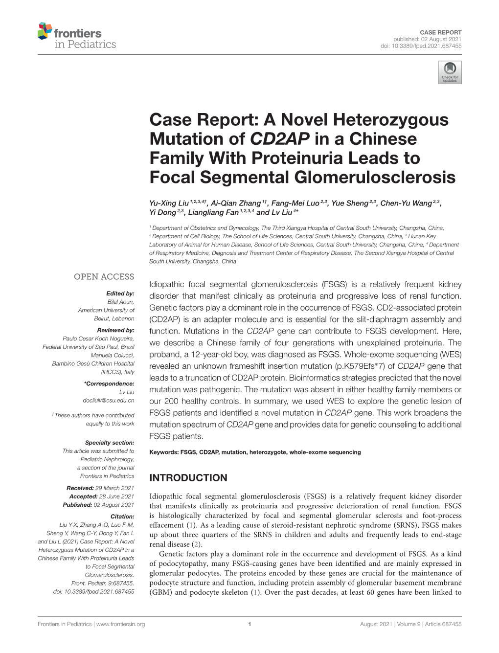 A Novel Heterozygous Mutation of CD2AP in a Chinese Family with Proteinuria Leads to Focal Segmental Glomerulosclerosis