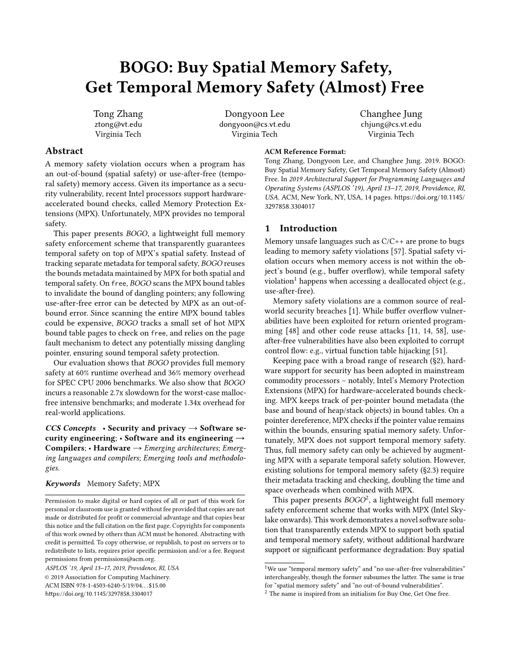 BOGO: Buy Spatial Memory Safety, Get Temporal Memory Safety (Almost) Free