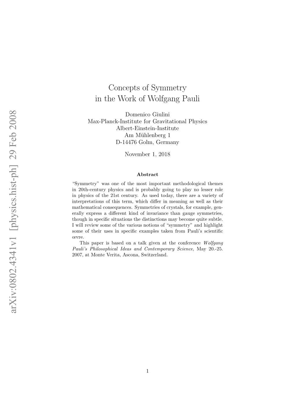 Concepts of Symmetry in the Work of Wolfgang Pauli