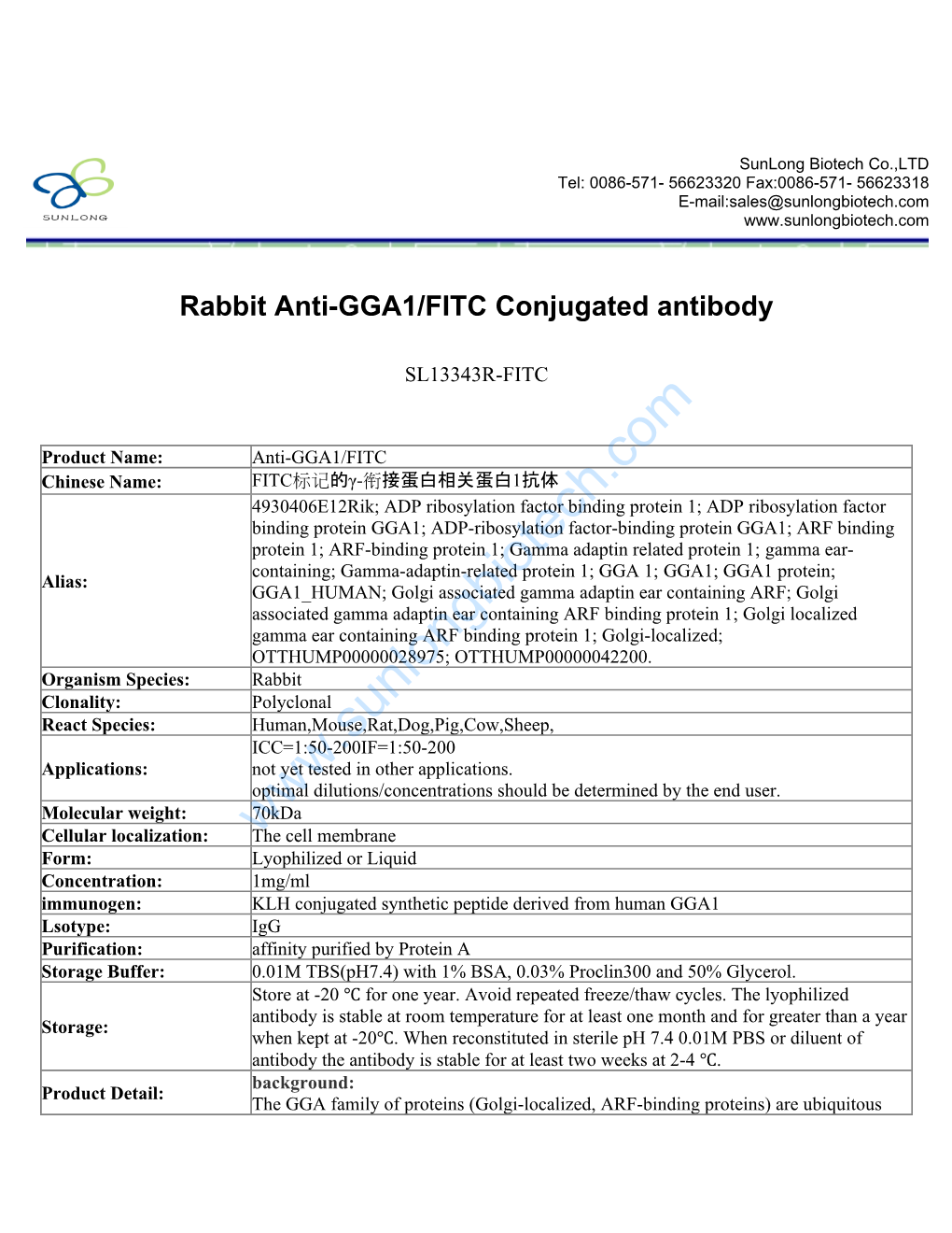 Rabbit Anti-GGA1/FITC Conjugated Antibody-SL13343R-FITC