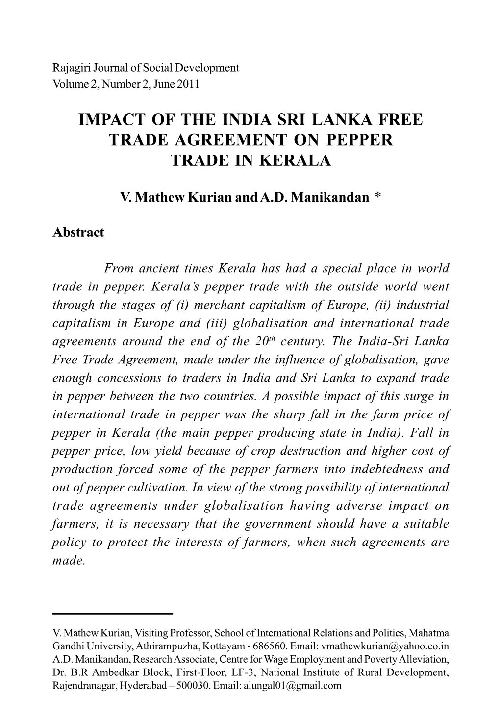 Impact of the India Sri Lanka Free Trade Agreement on Pepper Trade in Kerala