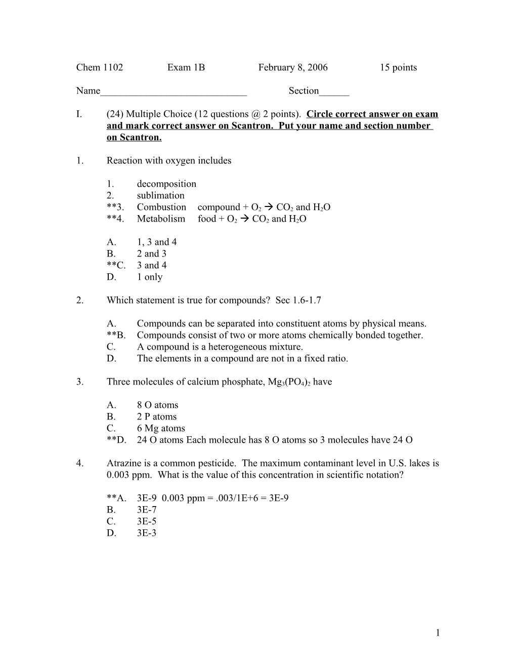Chem 1102 Exam 1B February 8, 2006 15 Points