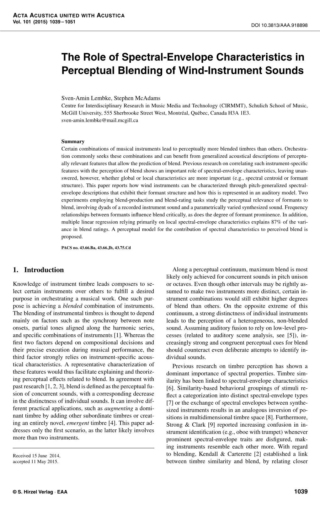 The Role of Spectral-Envelope Characteristics in Perceptual Blending of Wind-Instrument Sounds